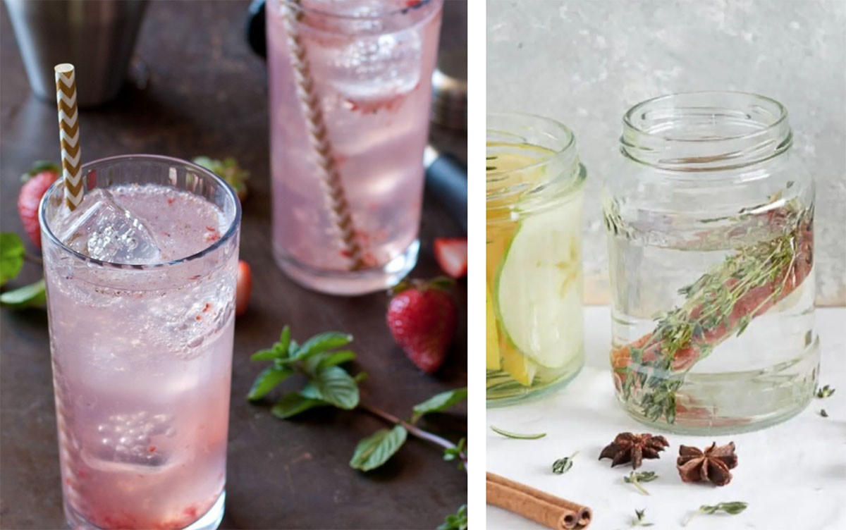 3. Bruisende aardbeien gin cocktail met Pineo en 4. Kruideninfusie: Pineo water met steranijs, kaneel en tijm